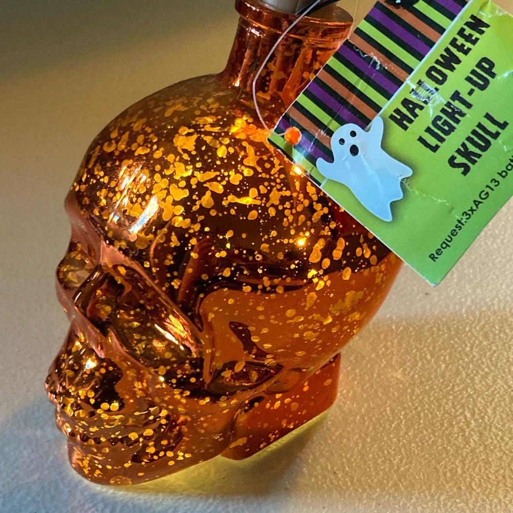 Orange Light Up Skull Scary Halloween Decoration On and Off Switch New with Tag